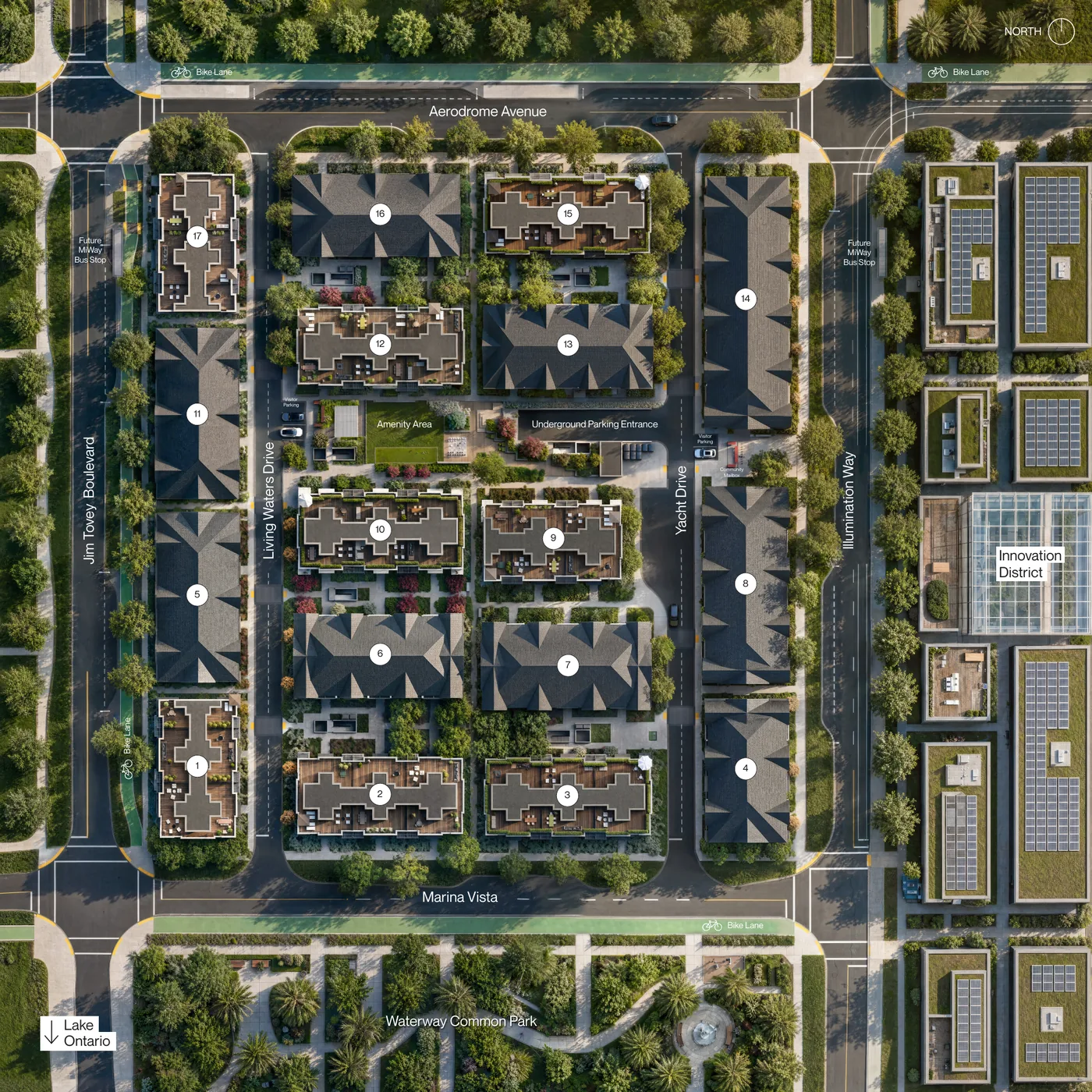 South Banks site plan showing 17 townhome blocks between Waterway Common Park, Jim Tovey Boulevard and Yacht Drive